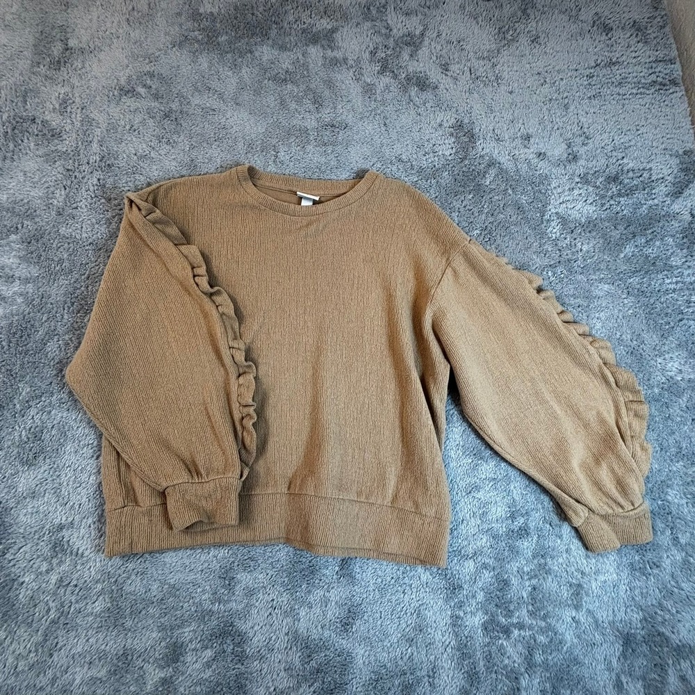 A New Day Womens Camel Brown Ruffle Sleeve Textured Knit Sweater Size M